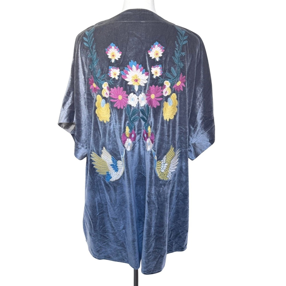 ENTRO Women's Large Silver Gray Velvet Embroidered‎ Floral Bird Kimono Cardigan